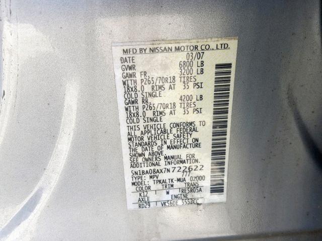 5N1BA08AX7N722622 - 2007 NISSAN ARMADA SE SILVER photo 10