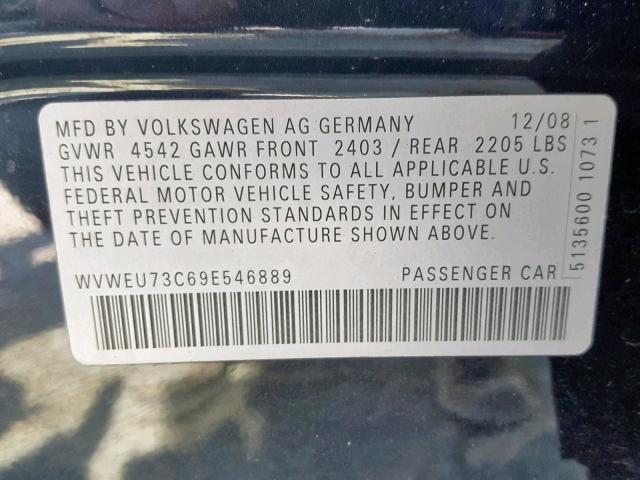 WVWEU73C69E546889 - 2009 VOLKSWAGEN CC BLACK photo 10