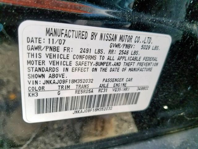 JNKAJ09F18M352032 - 2008 INFINITI EX35 BASE BLACK photo 10
