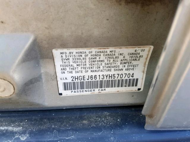2HGEJ6613YH570704 - 2000 HONDA CIVIC BASE SILVER photo 10