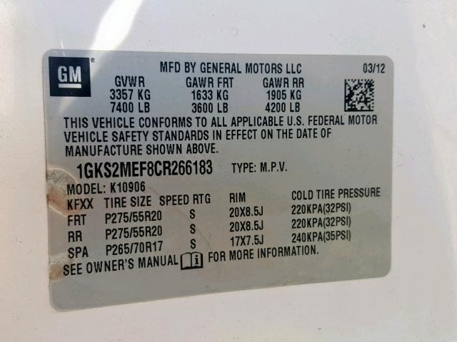 1GKS2MEF8CR266183 - 2012 GMC YUKON XL D WHITE photo 10