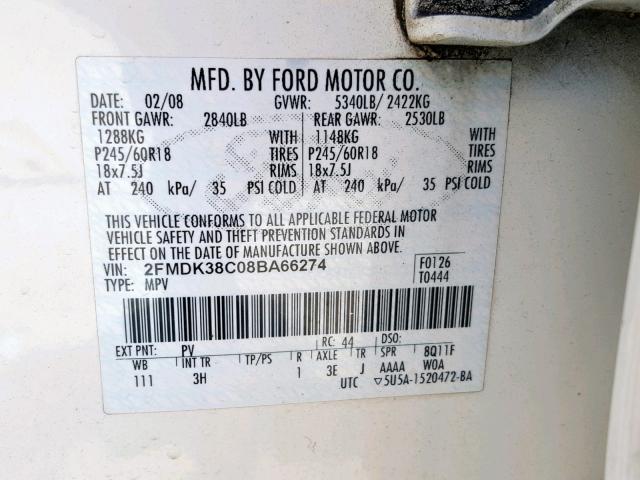 2FMDK38C08BA66274 - 2008 FORD EDGE SEL WHITE photo 10