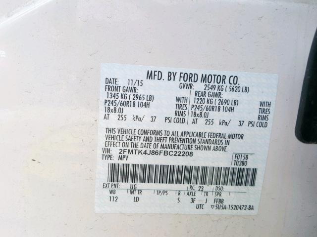 2FMTK4J86FBC22208 - 2015 FORD EDGE SEL WHITE photo 10