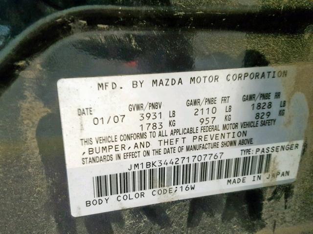 JM1BK344271707767 - 2007 MAZDA 3 HATCHBAC BLACK photo 10