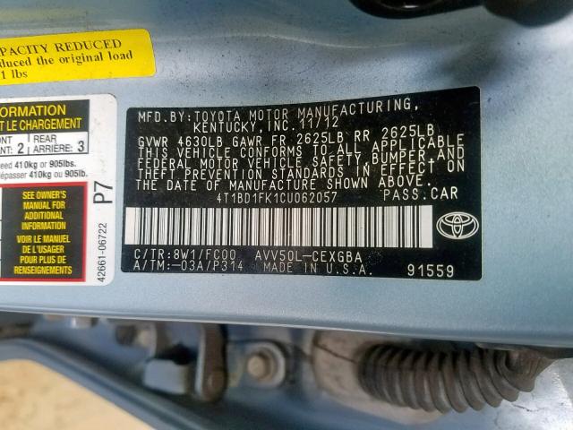 4T1BD1FK1CU062057 - 2012 TOYOTA CAMRY HYBR BLUE photo 10