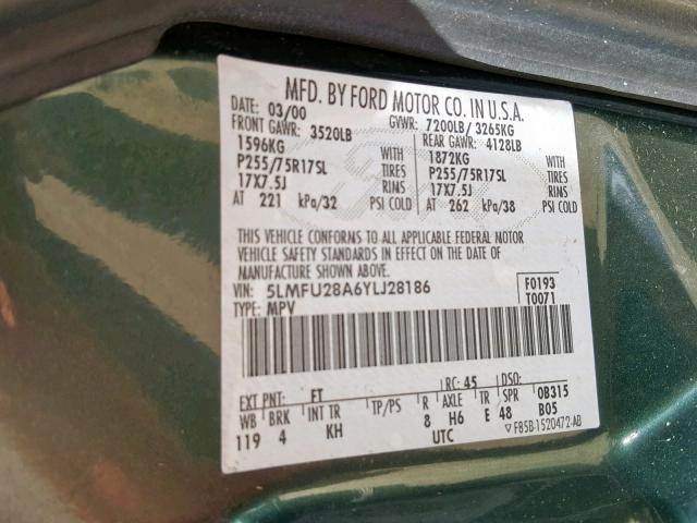 5LMFU28A6YLJ28186 - 2000 LINCOLN NAVIGATOR 绿色 照片 10