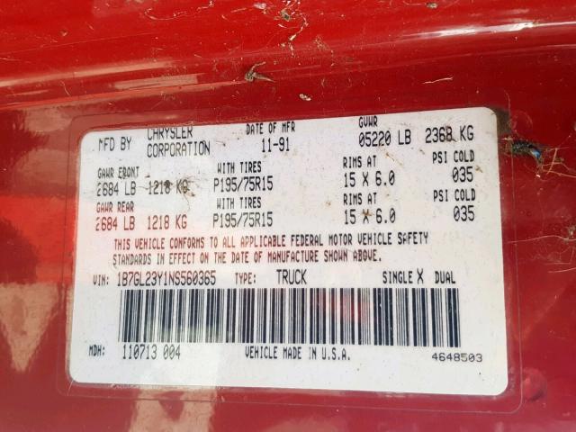 1B7GL23Y1NS560365 - 1992 DODGE DAKOTA RED photo 10