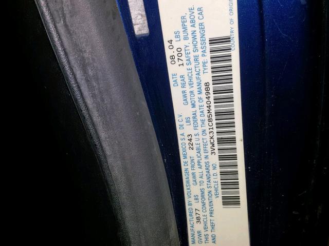 3VWCK31C85M404988 - 2005 VOLKSWAGEN NEW BEETLE ლურჯი ფოტო 10