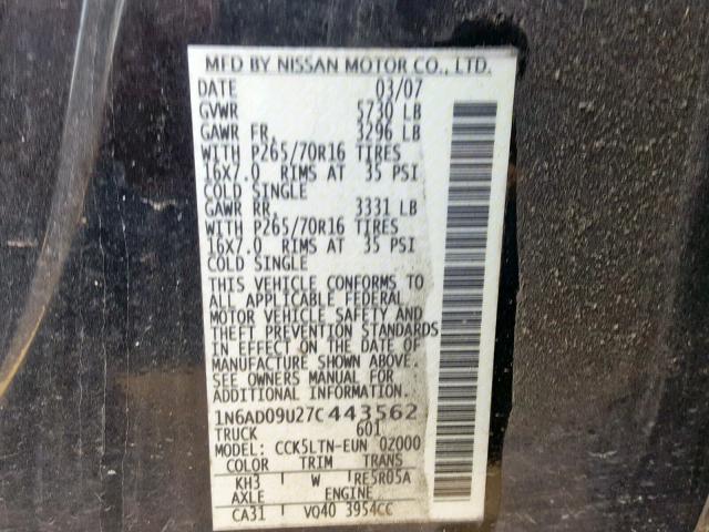 1N6AD09U27C443562 - 2007 NISSAN FRONTIER C BLACK photo 10