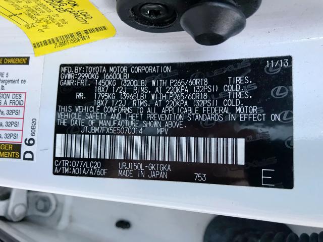 JTJBM7FX5E5070014 - 2014 LEXUS GX WHITE photo 10