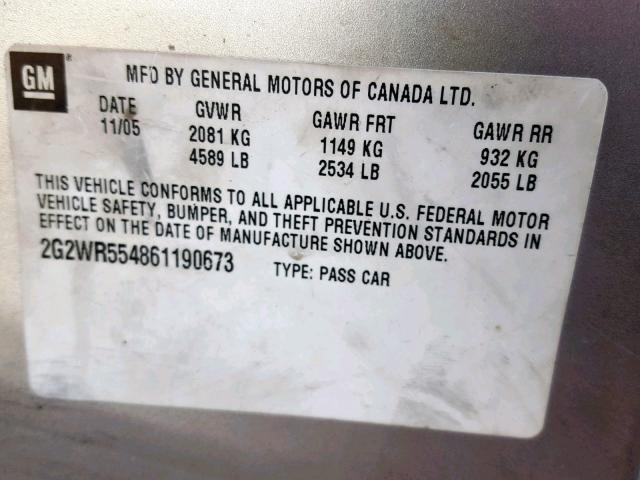 2G2WR554861190673 - 2006 PONTIAC GRAND PRIX SILVER photo 10