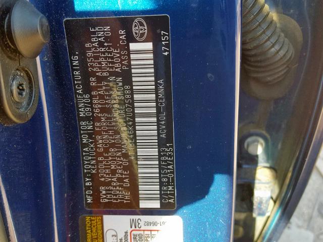 4T1BE46K47U075888 - 2007 TOYOTA CAMRY NEW BLUE photo 10