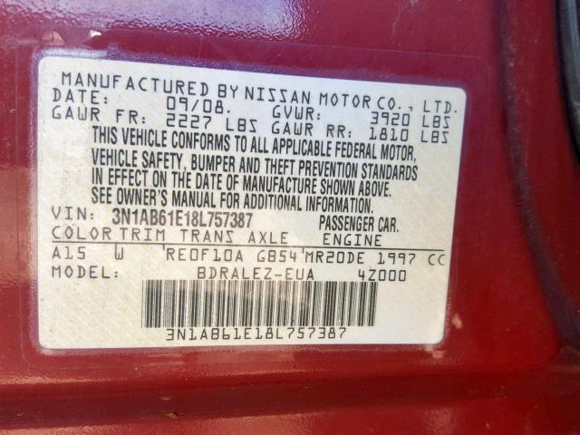 3N1AB61E18L757387 - 2008 NISSAN SENTRA 2.0 MAROON photo 10