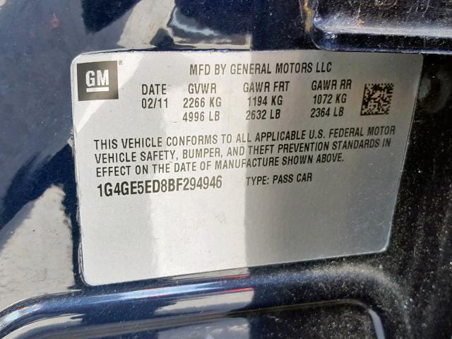 1G4GE5ED8BF294946 - 2011 BUICK LACROSSE C BLUE photo 10