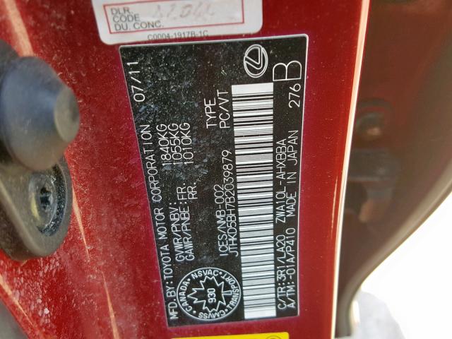 JTHKD5BH7B2039879 - 2011 LEXUS CT 200 RED photo 10