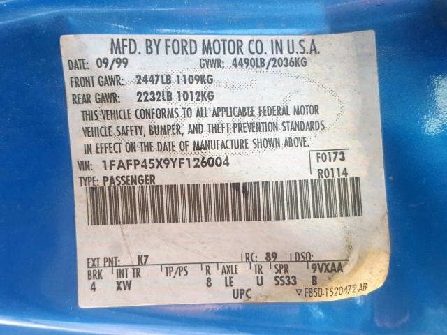 1FAFP45X9YF126004 - 2000 FORD MUSTANG GT BLUE photo 10