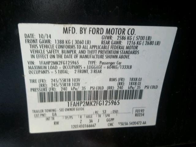 1FAHP2MK2FG125965 - 2015 FORD TAURUS POL BLACK photo 10