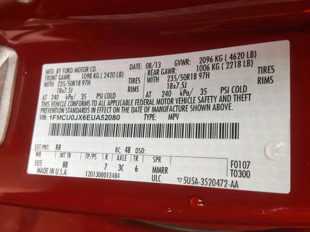 1FMCU0JX6EUA52080 - 2014 FORD ESCAPE TIT RED photo 10