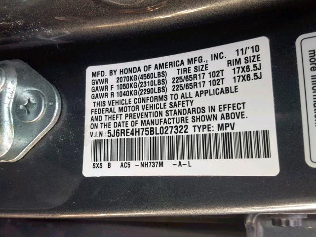 5J6RE4H75BL027322 - 2011 HONDA CR-V EXL GRAY photo 10