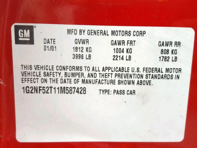 1G2NF52T11M587428 - 2001 PONTIAC GRAND AM S RED photo 10