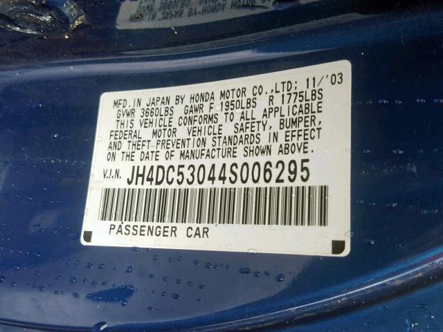 JH4DC53044S006295 - 2004 ACURA RSX TYPE-S BLUE photo 10