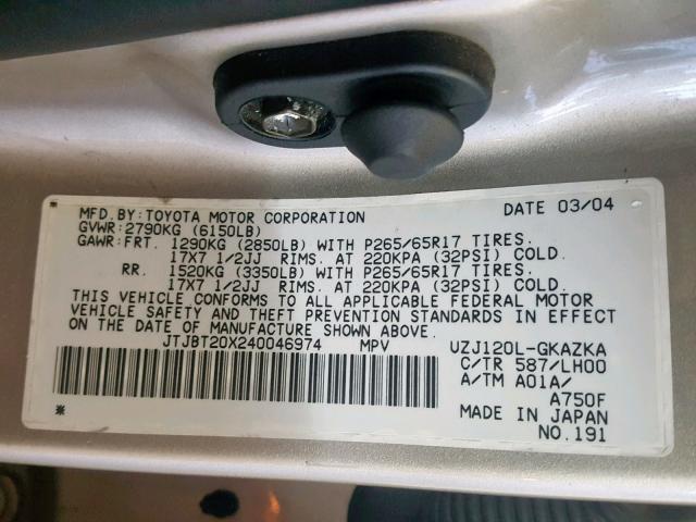 JTJBT20X240046974 - 2004 LEXUS GX 470 GRAY photo 10