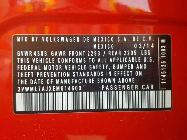 3VWML7AJXEM614600 - 2014 VOLKSWAGEN JETTA TDI RED photo 10