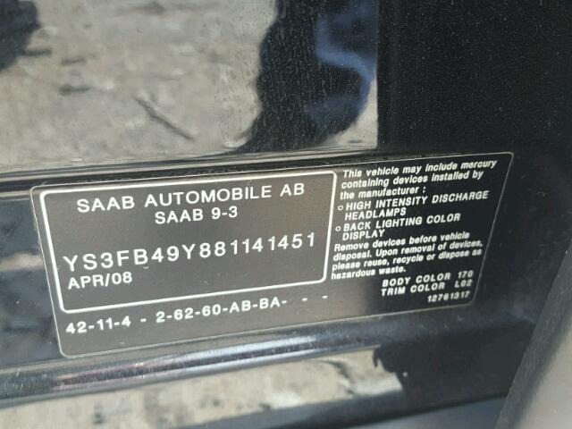 YS3FB49Y881141451 - 2008 SAAB 9-3 2.0T BLACK photo 10