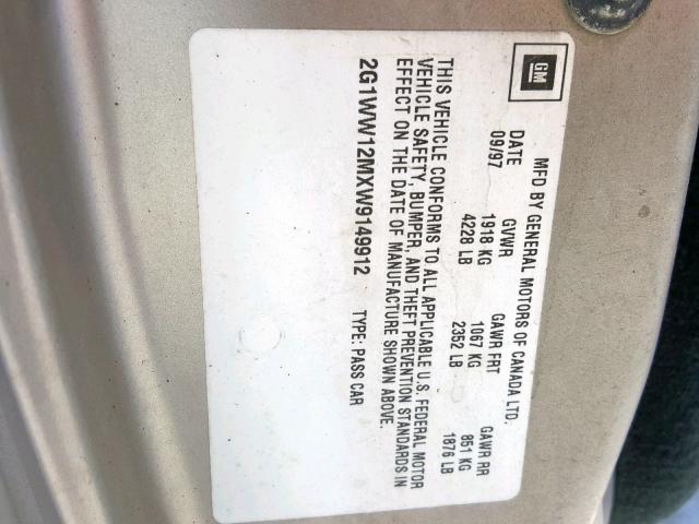 2G1WW12MXW9149912 - 1998 CHEVROLET MONTE CARL 米色 照片 10