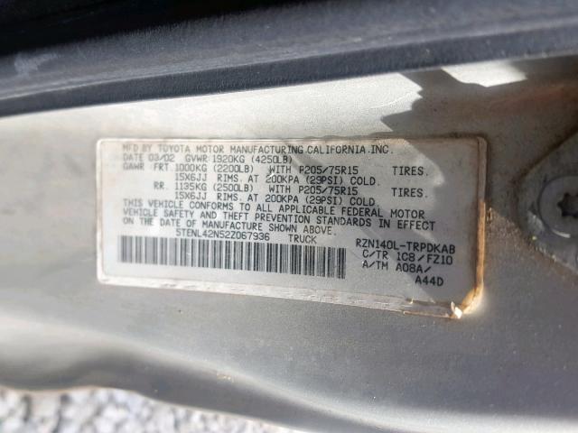 5TENL42N52Z067936 - 2002 TOYOTA TACOMA SILVER photo 10