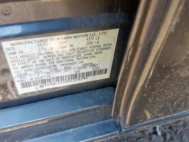 1N4BL11D06C116786 - 2006 NISSAN ALTIMA SE GRAY photo 10