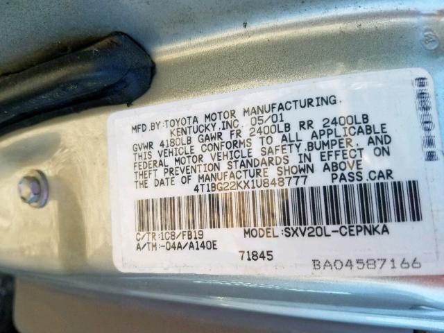 4T1BG22KX1U848777 - 2001 TOYOTA CAMRY CE SILVER photo 10