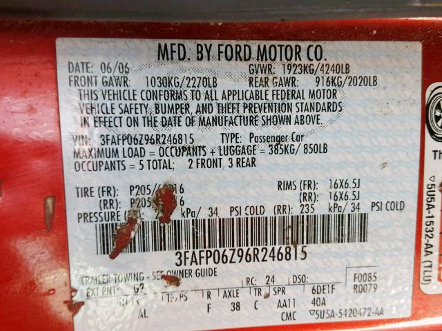 3FAFP06Z96R246815 - 2006 FORD FUSION S RED photo 10