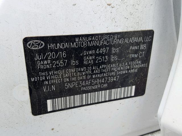 5NPE34AF5HH473947 - 2017 HYUNDAI SONATA SPO WHITE photo 10