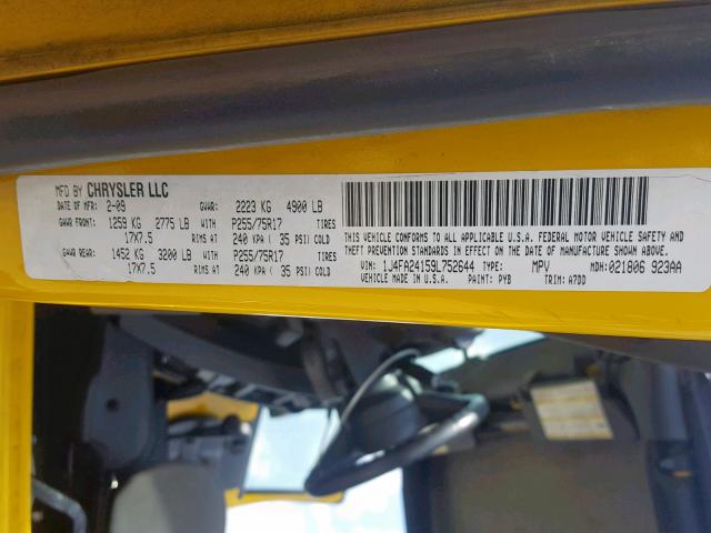 1J4FA24159L752644 - 2009 JEEP WRANGLER X YELLOW photo 10