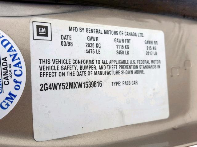 2G4WY52MXW1539816 - 1998 BUICK CENTURY LI GOLD photo 10