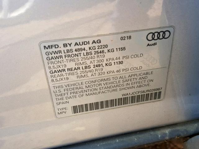 WA1JCCFS8JR026987 - 2018 AUDI Q3 PREMIUM SILVER photo 10