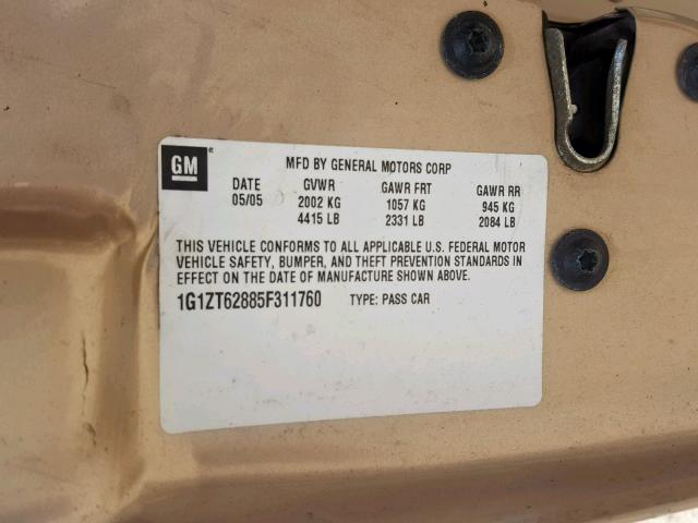 1G1ZT62885F311760 - 2005 CHEVROLET MALIBU MAX 金色 照片 10