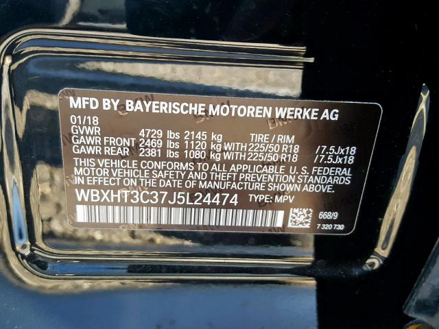 WBXHT3C37J5L24474 - 2018 BMW X1 XDRIVE2 BLACK photo 10