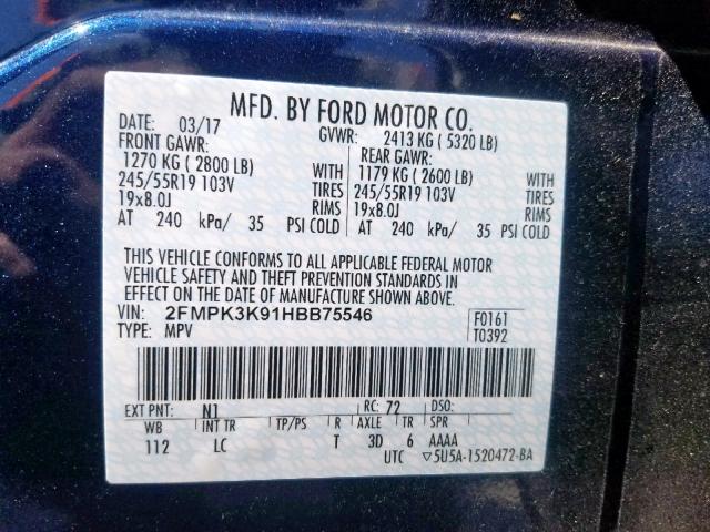 2FMPK3K91HBB75546 - 2017 FORD EDGE TITAN BLUE photo 10