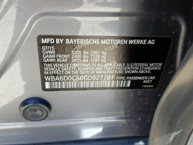 WBA6D0C50GD927781 - 2016 BMW 640 I GRAY photo 10