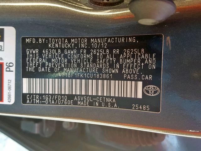 4T1BF1FK1CU183861 - 2012 TOYOTA CAMRY BASE SILVER photo 10