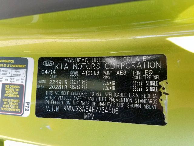 KNDJX3A54E7734506 - 2014 KIA SOUL ! GREEN photo 10