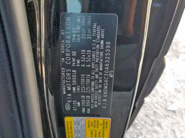 KNDMG4C30A6325398 - 2010 KIA SEDONA LX BLACK photo 10