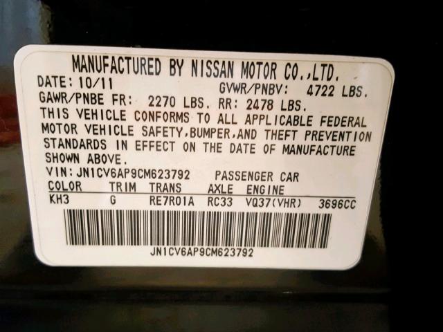 JN1CV6AP9CM623792 - 2012 INFINITI G37 BASE BLACK photo 10