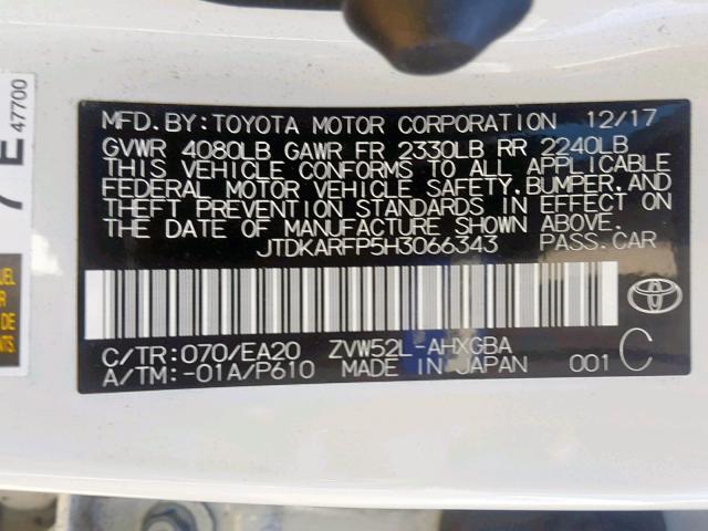 JTDKARFP5H3066343 - 2017 TOYOTA PRIUS PRIM 白色 照片 10