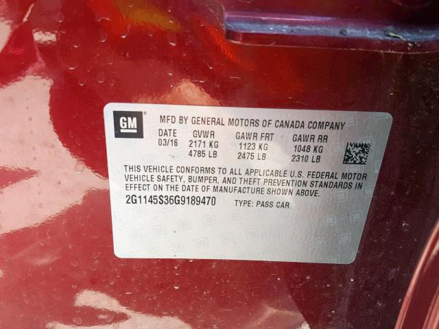 2G1145S36G9189470 - 2016 CHEVROLET IMPALA LTZ RED photo 10