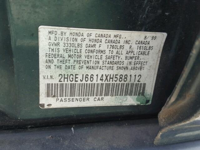 2HGEJ6614XH588112 - 1999 HONDA CIVIC BASE 绿色 照片 10