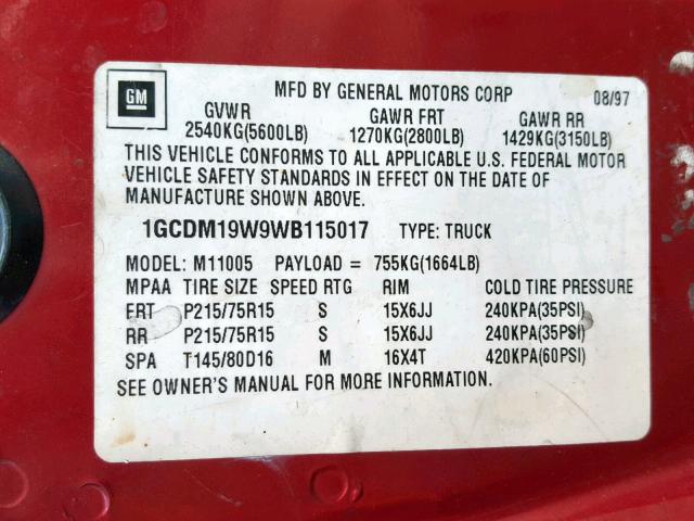 1GCDM19W9WB115017 - 1998 CHEVROLET ASTRO RED photo 10