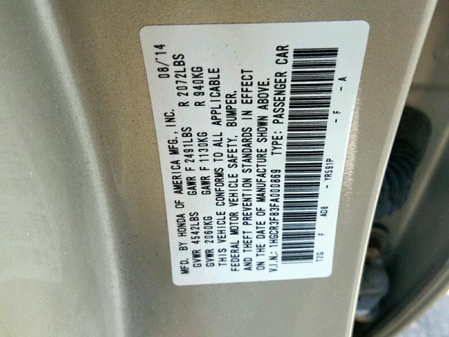 1HGCR3F83FA000869 - 2015 HONDA ACCORD EXL GOLD photo 10